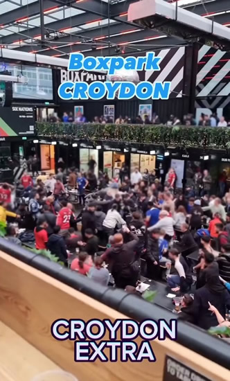 FOOTIE BRAWL Shocking moment football fans fight while watching Carabao Cup at BoxPark as men punch each other and throw drinks