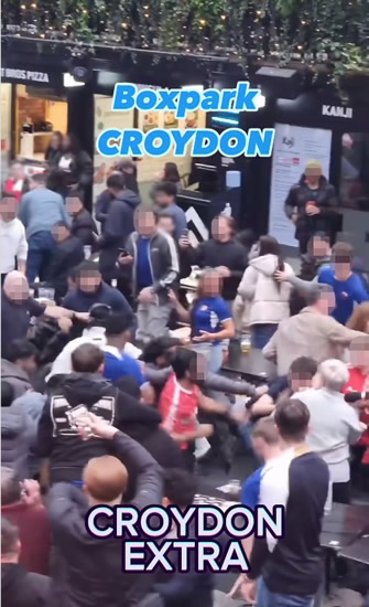 FOOTIE BRAWL Shocking moment football fans fight while watching Carabao Cup at BoxPark as men punch each other and throw drinks
