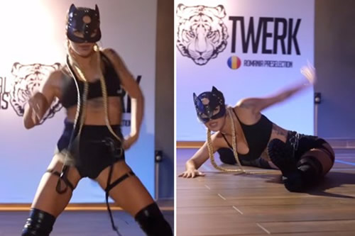 Arsenal star’s twerk queen Wag sends fans wild as she wears black leather cat mask and lingerie for raunchy demo