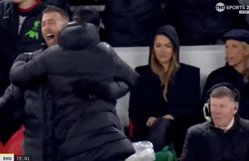Fans spot Arsenal super-fan Laura Woods’ reaction to Liverpool goal as TNT host sits behind Jurgen Klopp at Anfield